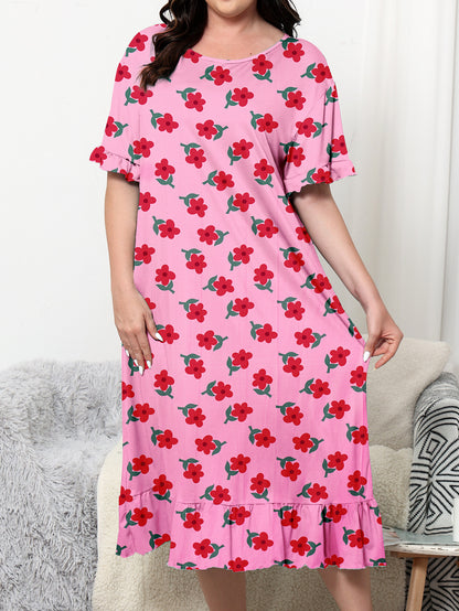 Women's Plus Size Floral Print Short Sleeve Crew Neck Sleep Dress with Ruffle Trim