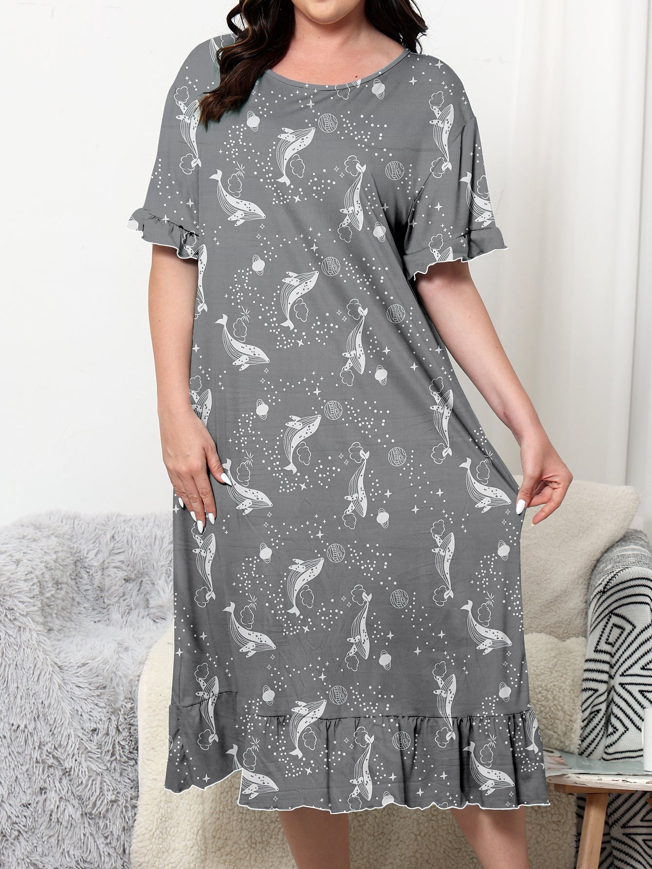 Women's Plus Size Casual Sleep Dress with Cartoon Whale Print and Short Sleeve Ruffle Trim