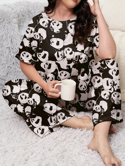 Plus Size Women's Cute Nightdress with Cartoon Panda Print, Short Sleeve Round Neck Sleep Dress