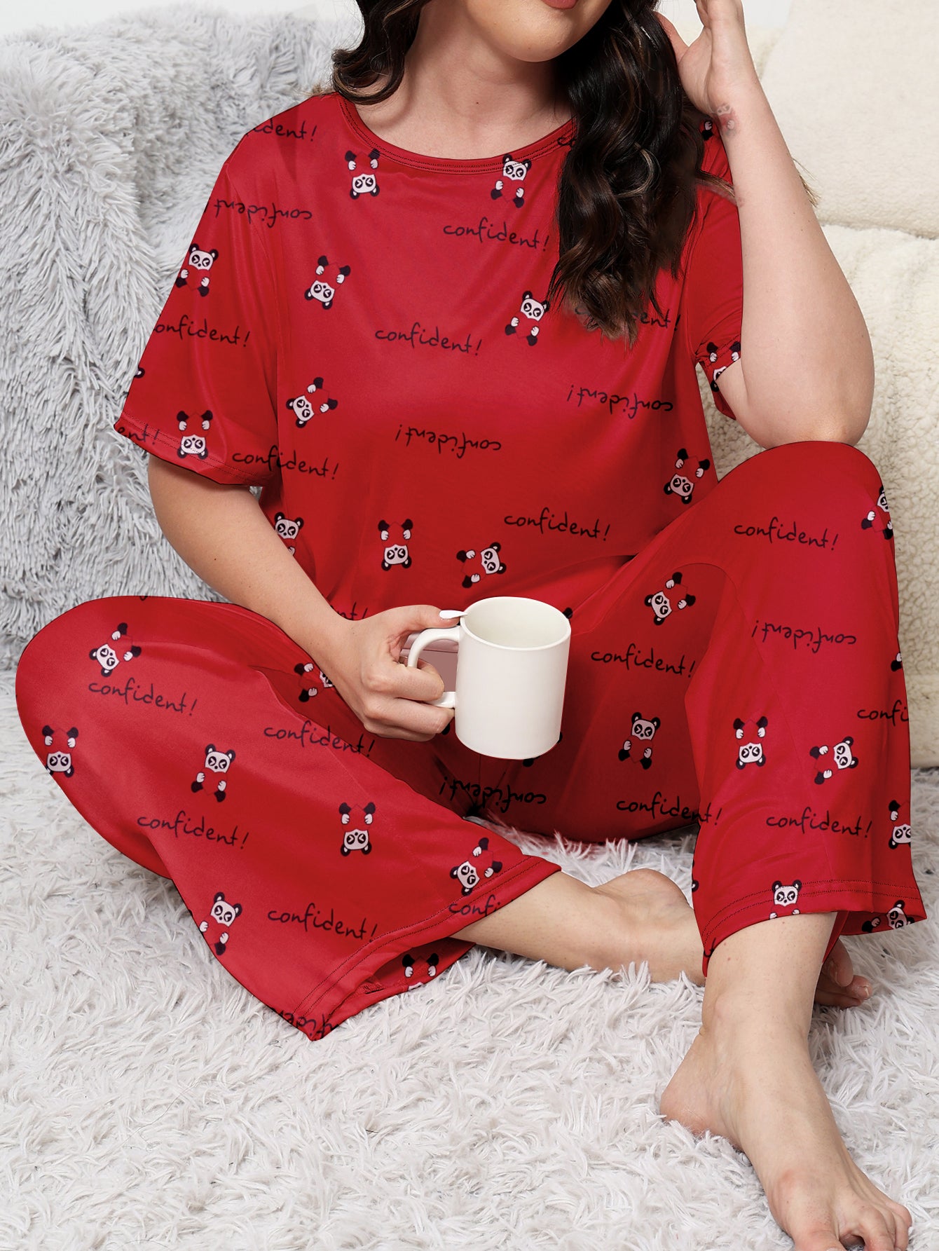 Women's Valentine's Day Pajama Set, Plus Size Adorable Panda Heart & Letter Print Short Sleeve Round Neck Top & Pants Loungewear Two Piece Set