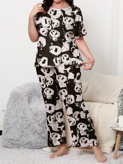 Plus Size Women's Cute Nightdress with Cartoon Panda Print, Short Sleeve Round Neck Sleep Dress