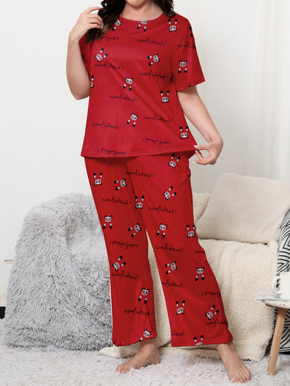 Women's Valentine's Day Pajama Set, Plus Size Adorable Panda Heart & Letter Print Short Sleeve Round Neck Top & Pants Loungewear Two Piece Set