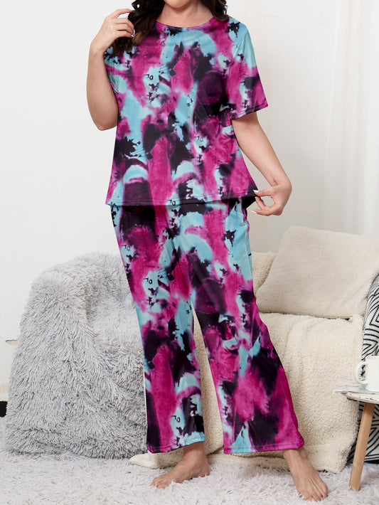 Women's Plus Size Casual Tie Dye Short Sleeve Crew Neck Top & Pants Lounge 2 Piece Pajama Set