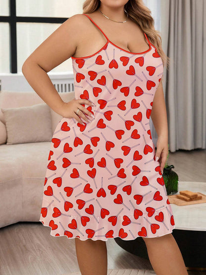 Women's Valentine's Day Adorable Nightdress, Plus Size Heart Lollipop Print Round Neck Cami Sleep Dress