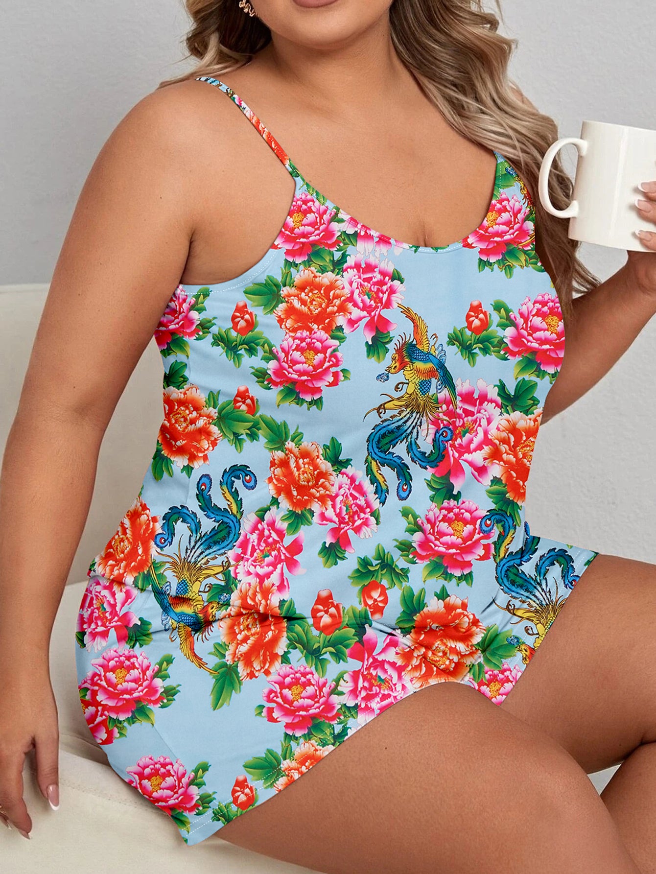 Women's Plus Size Chinese Traditional Floral Print Pajama Set with Round Neck Cami Top & Shorts