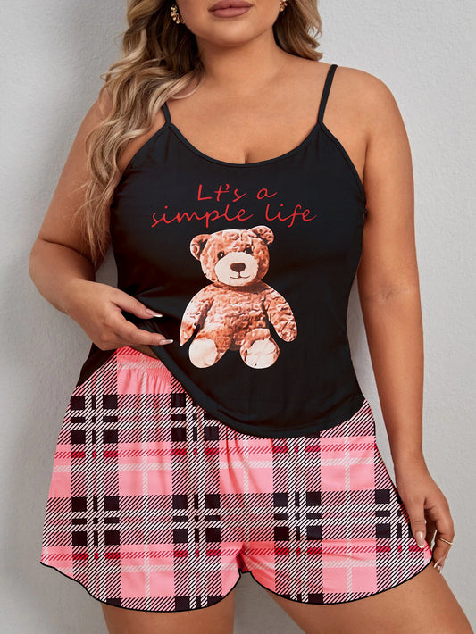 Women's Plus Size Cute Pajama Set: Teddy Bear & Slogan Print Cami Top with Plaid Shorts