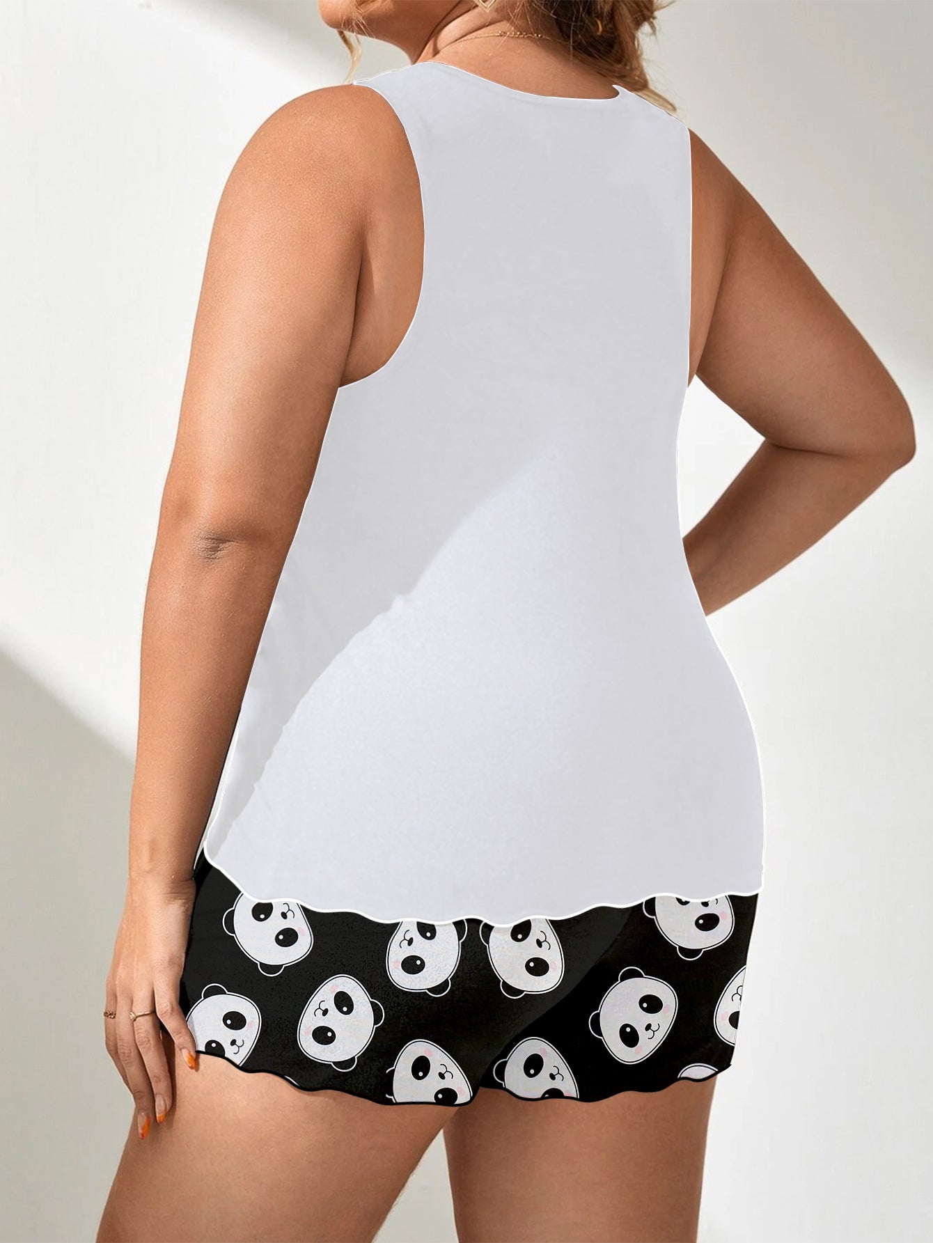 Women's Casual Pajama Set, Plus Size Adorable Cartoon Panda Print Tank Top & Shorts Lounge 2 Piece Set