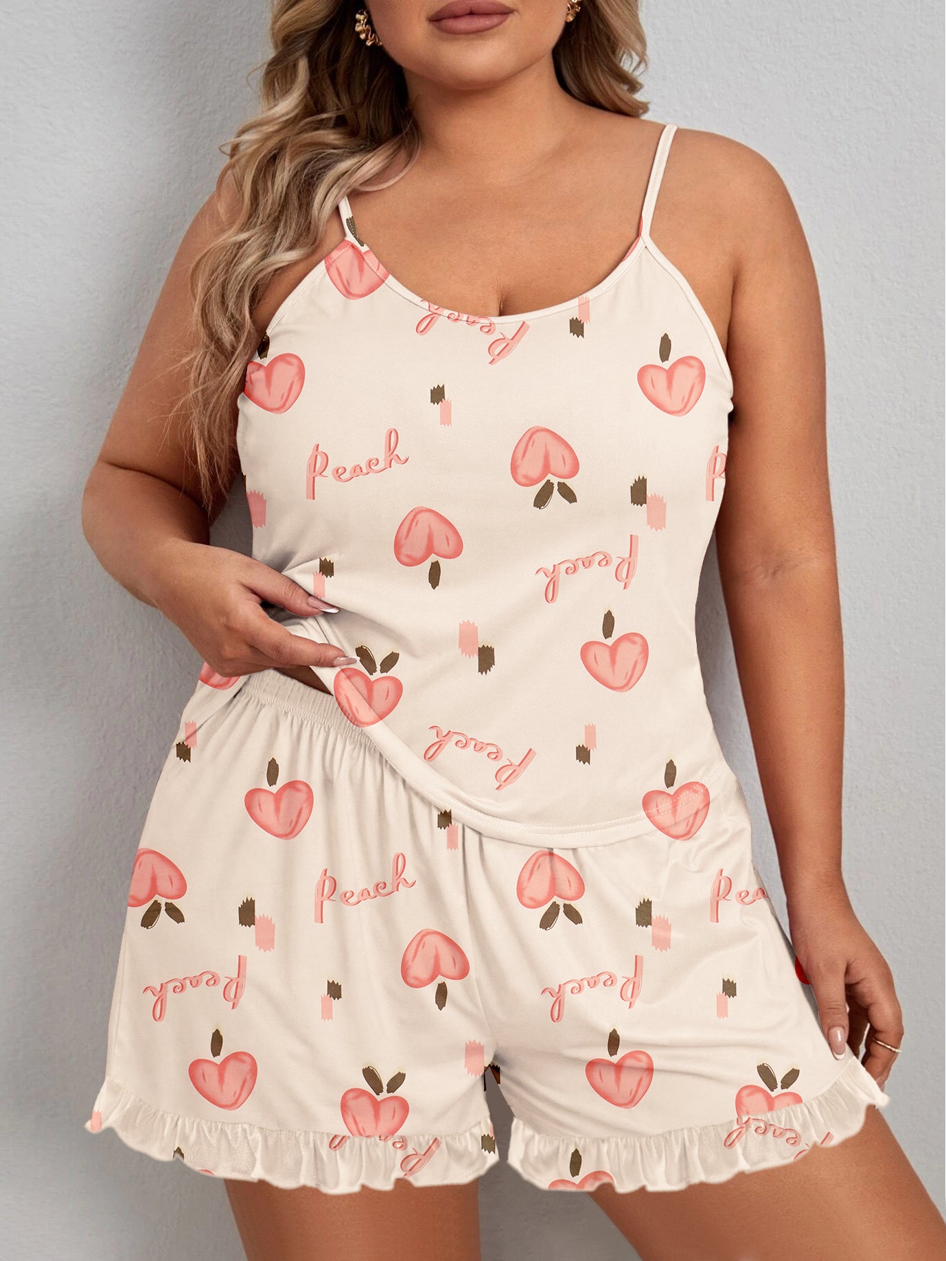 Women's Plus Size Peach Print Round Neck Cami Top & Ruffle Trim Shorts Lounge 2 Piece Pajama Set