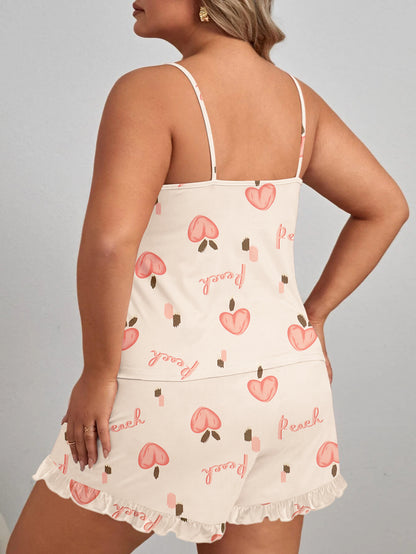 Women's Plus Size Peach Print Round Neck Cami Top & Ruffle Trim Shorts Lounge 2 Piece Pajama Set