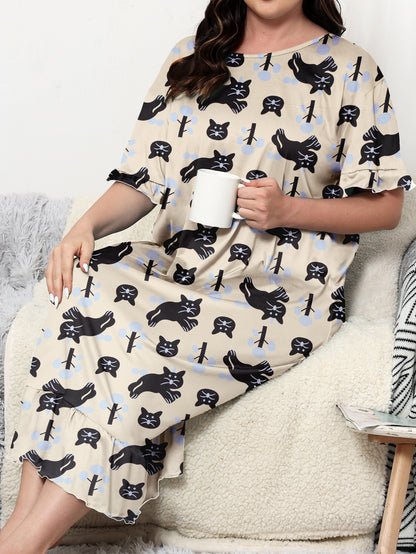 Women's Plus Size Elegant Nightdress with Short Sleeve Ruffle Trim, Featuring Cartoon Cat Print