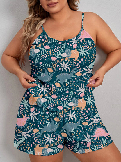 Women's Relaxed Pajama Set, Plus Size Tropical & Dinosaur Print Round Neck Cami Top & Shorts Lounge 2-Piece Set