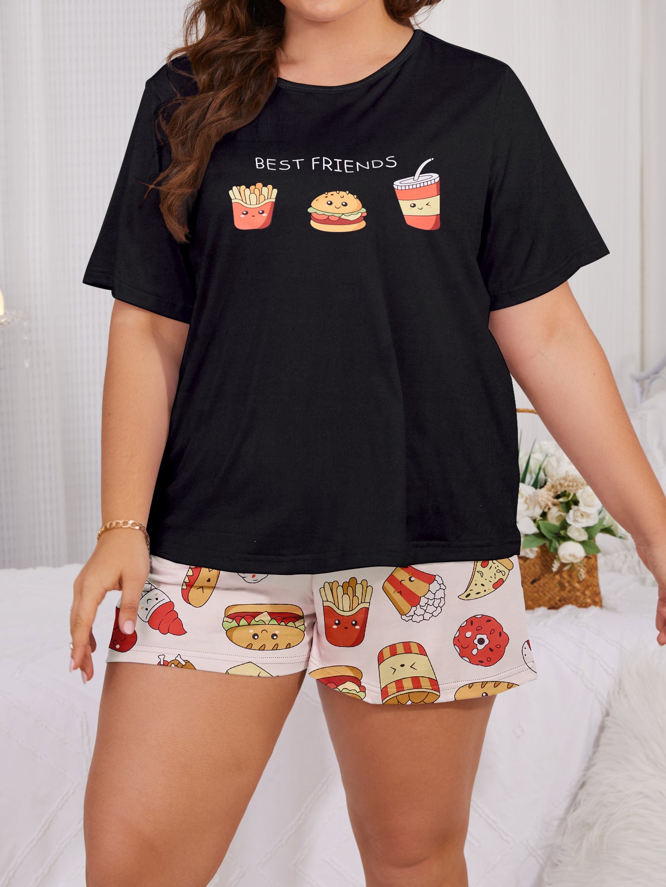 Women's Casual Pajama Set, Plus Size Fast Food Print Short Sleeve Round Neck Top & Shorts Sleepwear Two Piece Set