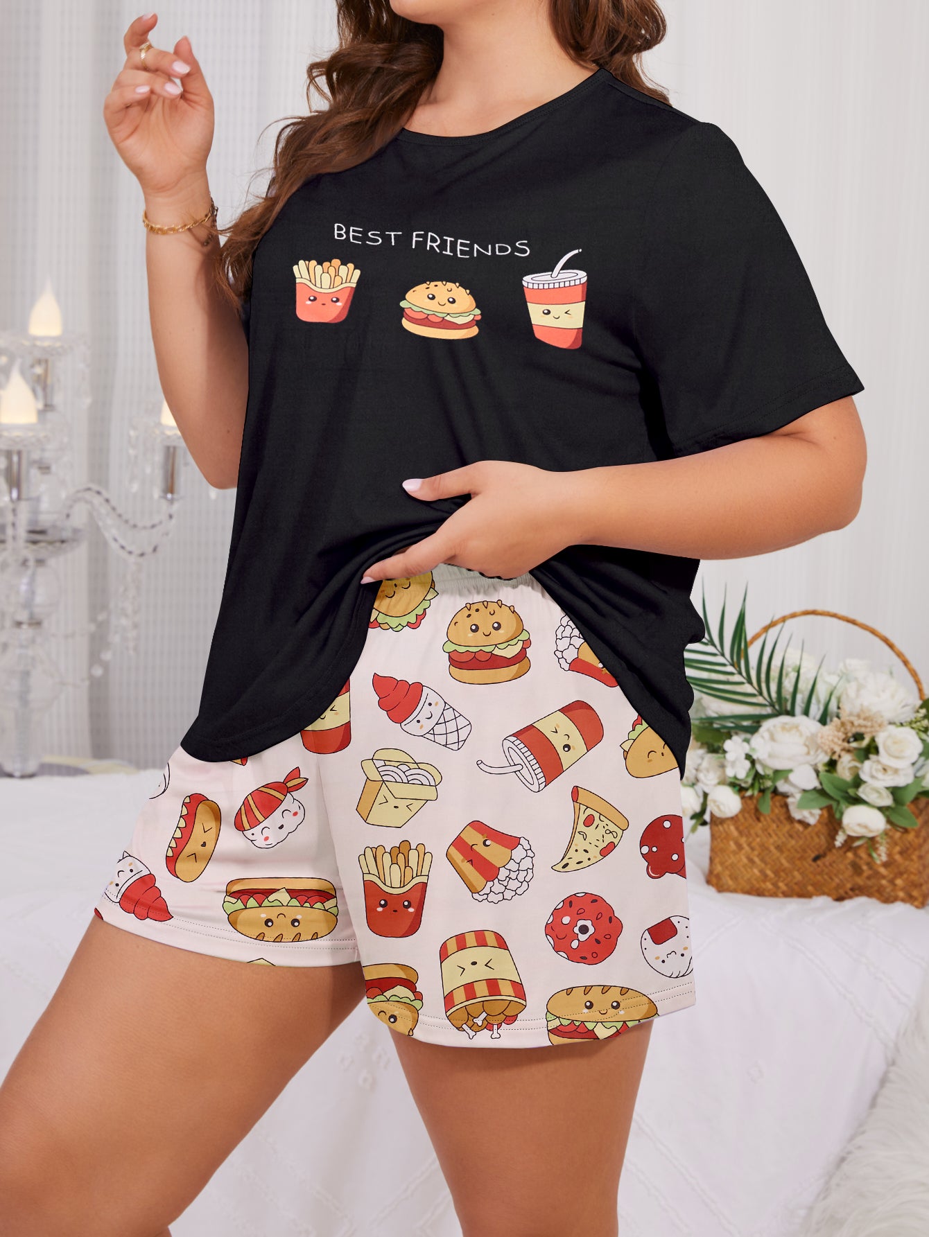 Women's Casual Pajama Set, Plus Size Fast Food Print Short Sleeve Round Neck Top & Shorts Sleepwear Two Piece Set