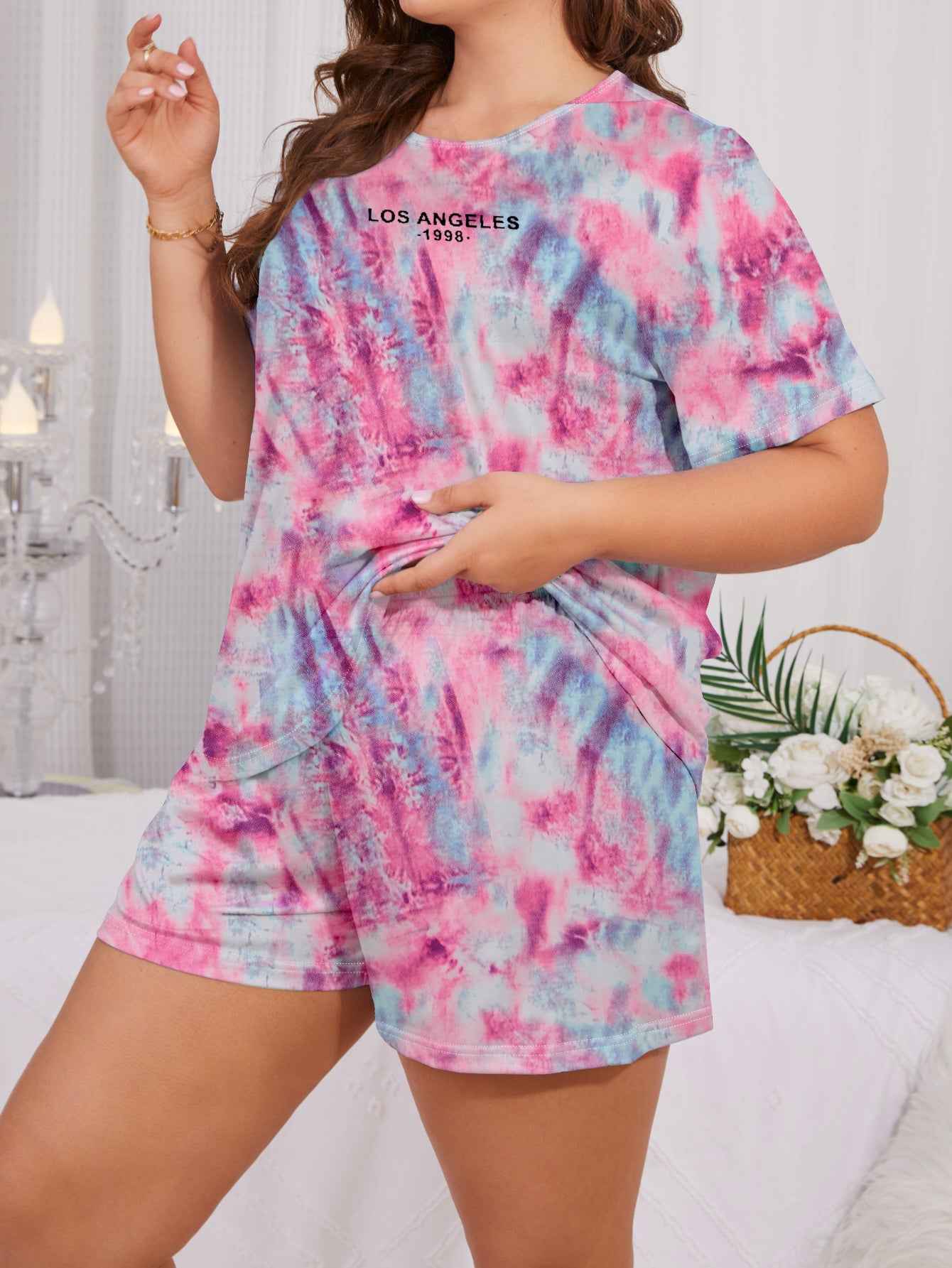 Women's Plus Casual Pajama Set: Tie Dye & Letter Print Short Sleeve Top + Shorts Lounge 2-Piece Set
