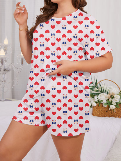 Women's Plus Size Valentine's Day Cute Pajamas Set: Heart & Cartoon Print Short Sleeve Top & Shorts Lounge 2 Piece Set