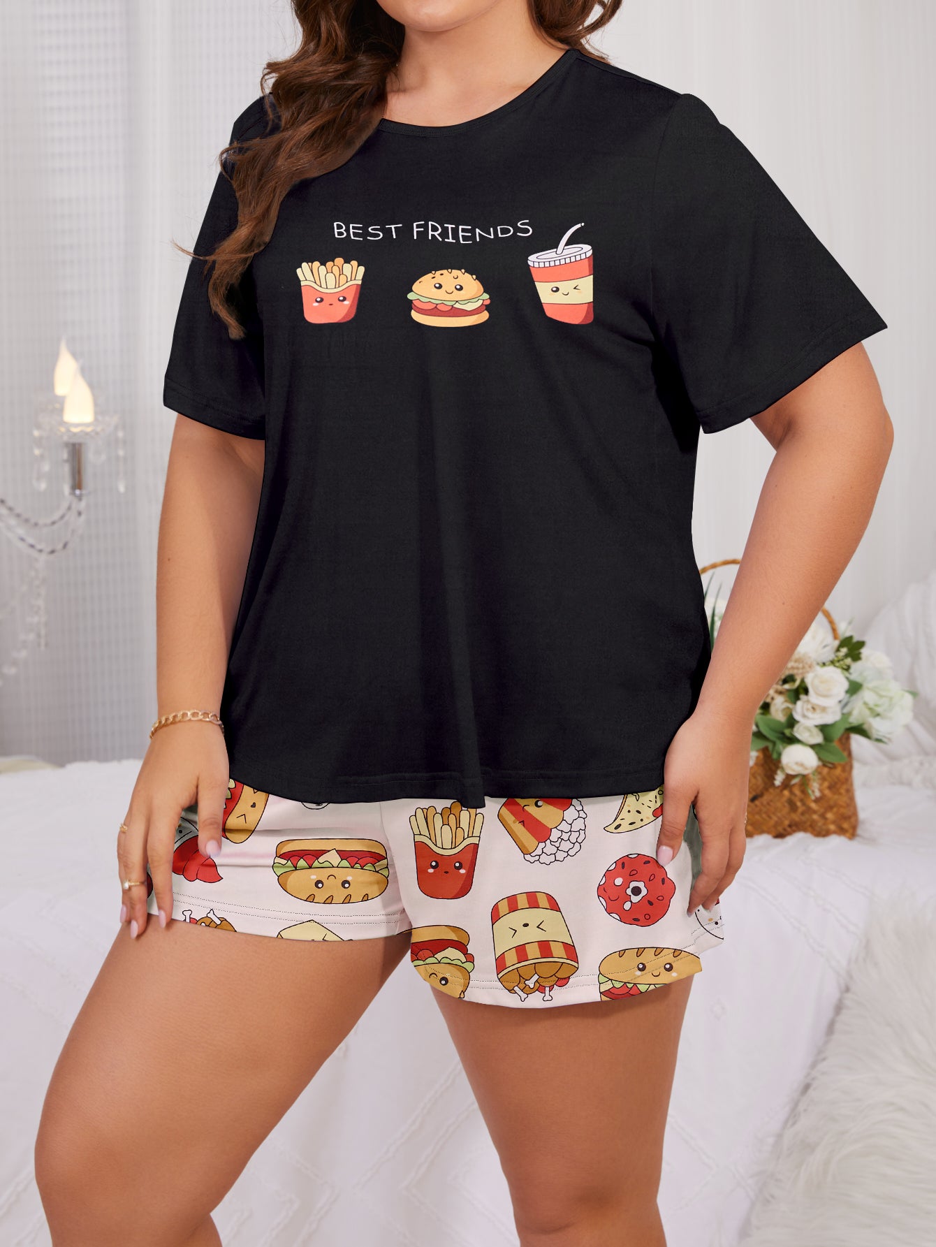 Women's Casual Pajama Set, Plus Size Fast Food Print Short Sleeve Round Neck Top & Shorts Sleepwear Two Piece Set