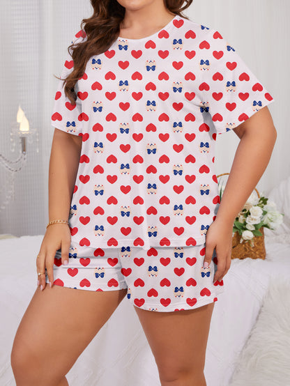 Women's Plus Size Valentine's Day Cute Pajamas Set: Heart & Cartoon Print Short Sleeve Top & Shorts Lounge 2 Piece Set