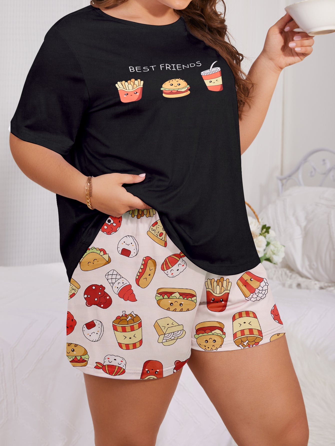 Women's Casual Pajama Set, Plus Size Fast Food Print Short Sleeve Round Neck Top & Shorts Sleepwear Two Piece Set