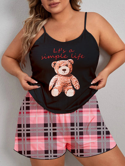 Women's Plus Size Cute Pajama Set: Teddy Bear & Slogan Print Cami Top with Plaid Shorts