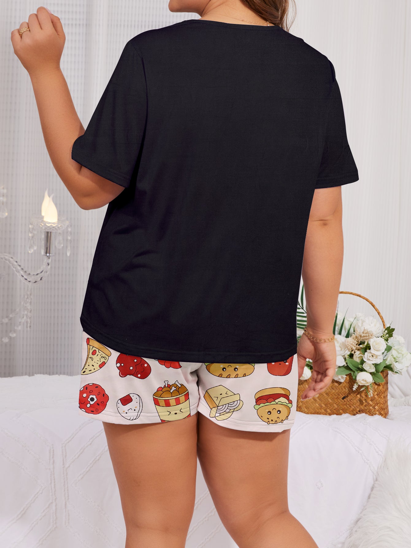 Women's Casual Pajama Set, Plus Size Fast Food Print Short Sleeve Round Neck Top & Shorts Sleepwear Two Piece Set