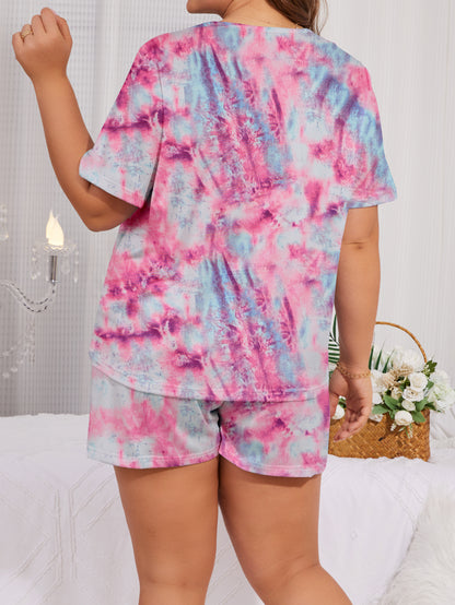 Women's Plus Casual Pajama Set: Tie Dye & Letter Print Short Sleeve Top + Shorts Lounge 2-Piece Set
