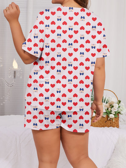 Women's Plus Size Valentine's Day Cute Pajamas Set: Heart & Cartoon Print Short Sleeve Top & Shorts Lounge 2 Piece Set