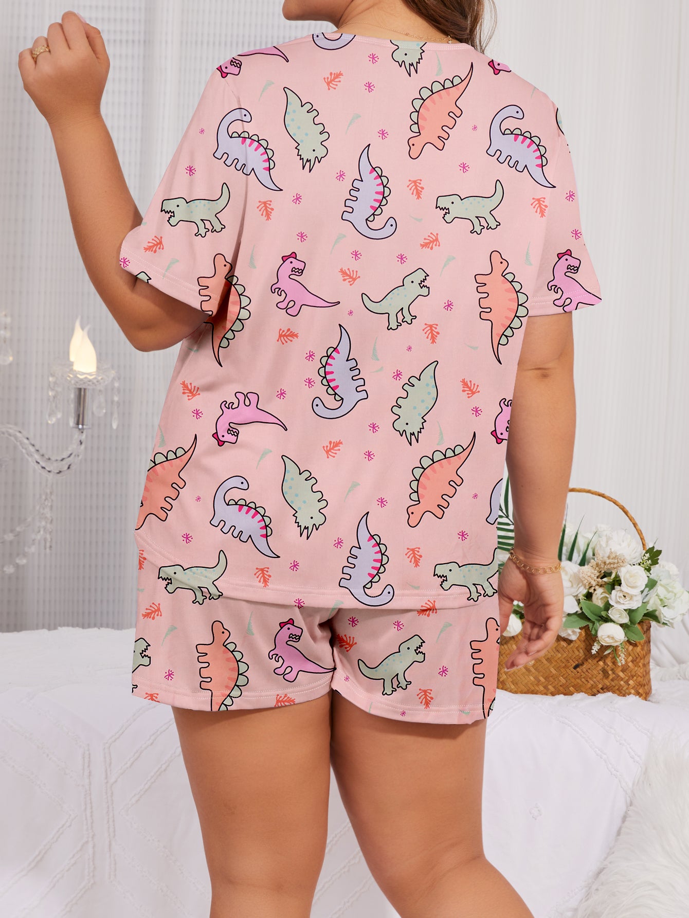 Women's Easter-themed Pajama Set: Plus Size Cartoon Dinosaur Print Short Sleeve Top & Shorts Lounge Set