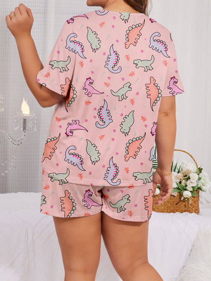 Women's Easter-themed Pajama Set: Plus Size Cartoon Dinosaur Print Short Sleeve Top & Shorts Lounge Set