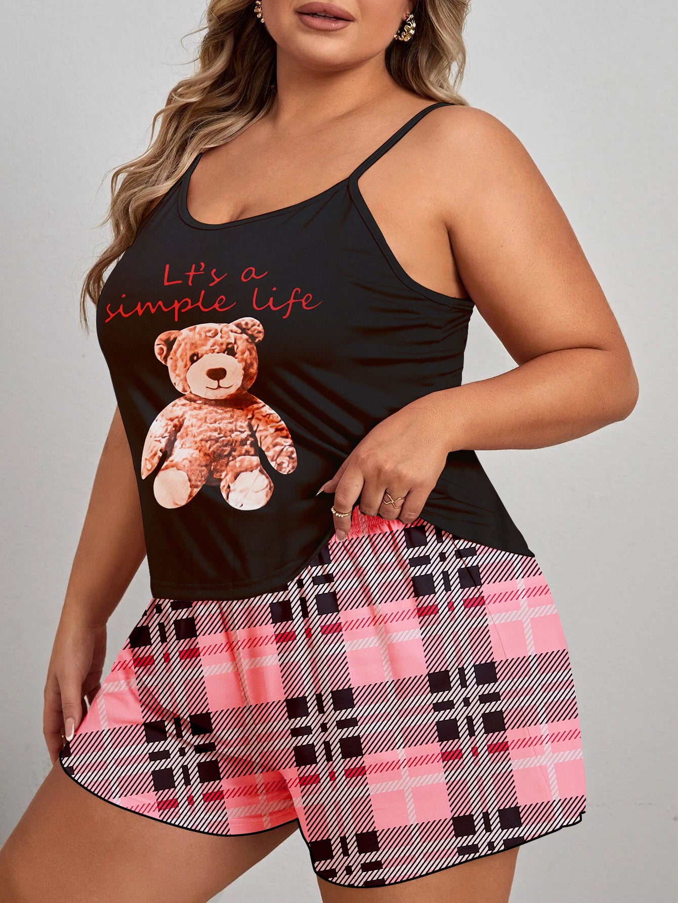 Women's Plus Size Cute Pajama Set: Teddy Bear & Slogan Print Cami Top with Plaid Shorts