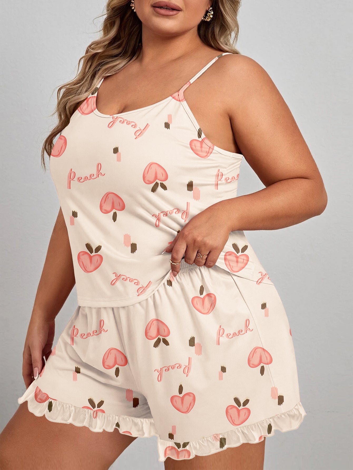 Women's Plus Size Peach Print Round Neck Cami Top & Ruffle Trim Shorts Lounge 2 Piece Pajama Set