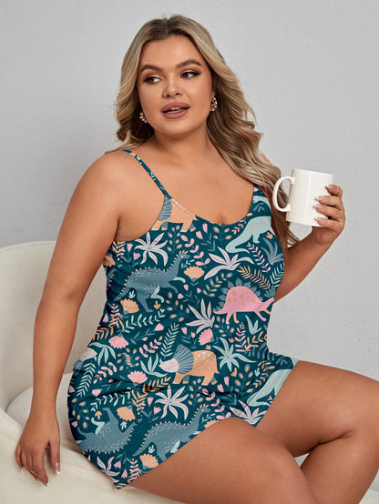 Women's Relaxed Pajama Set, Plus Size Tropical & Dinosaur Print Round Neck Cami Top & Shorts Lounge 2-Piece Set