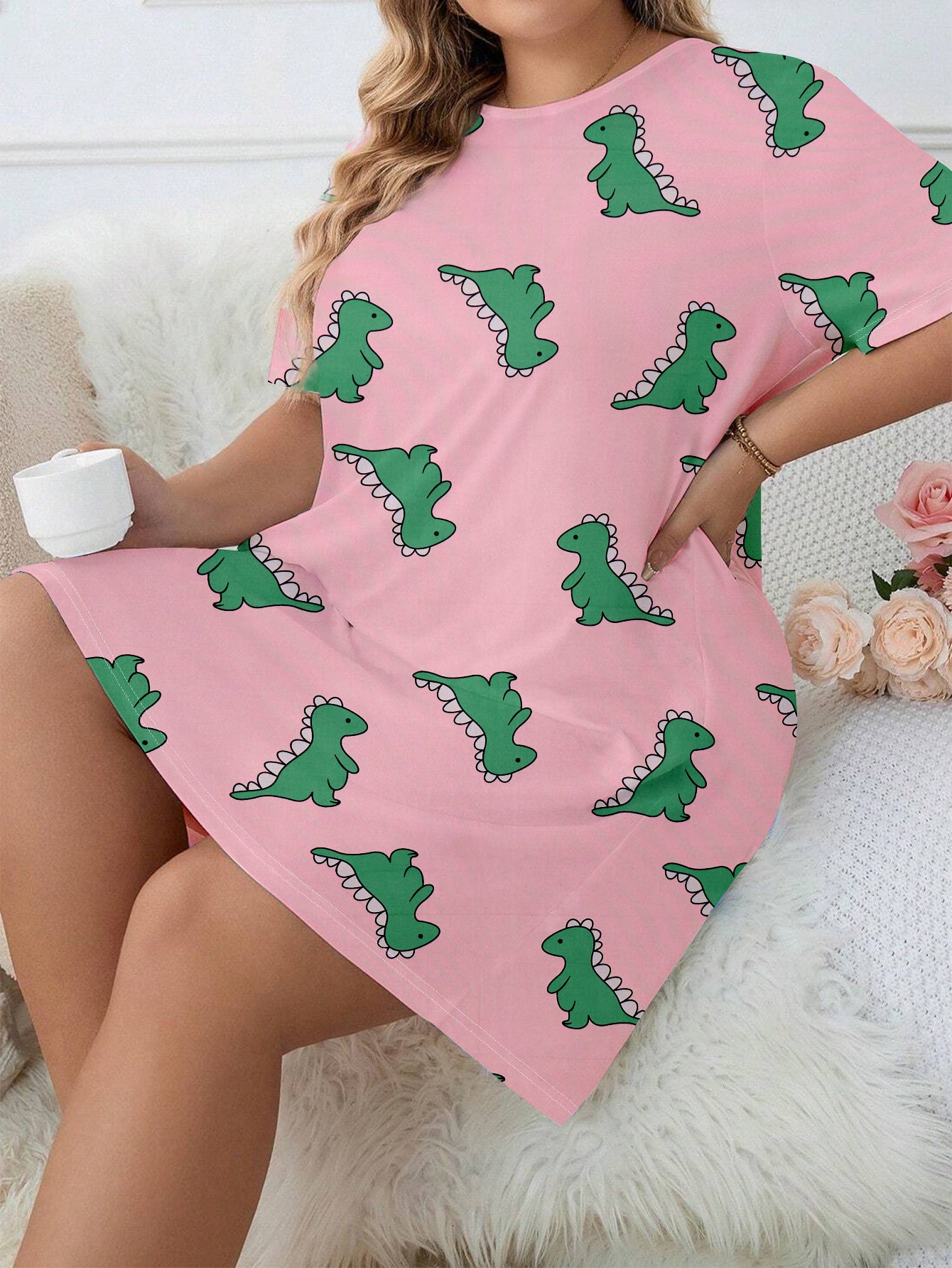 Women's Easter Day Cute Nightdress: Plus Size Cartoon Dinosaur Print Short Sleeve Round Neck Sleep Dress