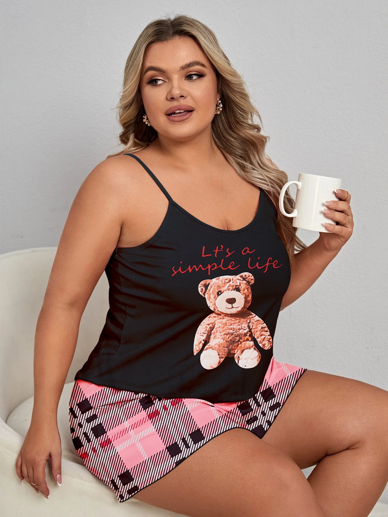 Women's Plus Size Cute Pajama Set: Teddy Bear & Slogan Print Cami Top with Plaid Shorts