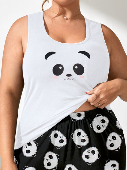Women's Casual Pajama Set, Plus Size Adorable Cartoon Panda Print Tank Top & Shorts Lounge 2 Piece Set