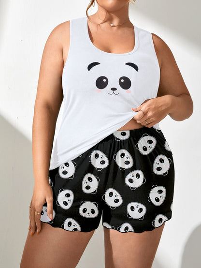 Women's Casual Pajama Set, Plus Size Adorable Cartoon Panda Print Tank Top & Shorts Lounge 2 Piece Set