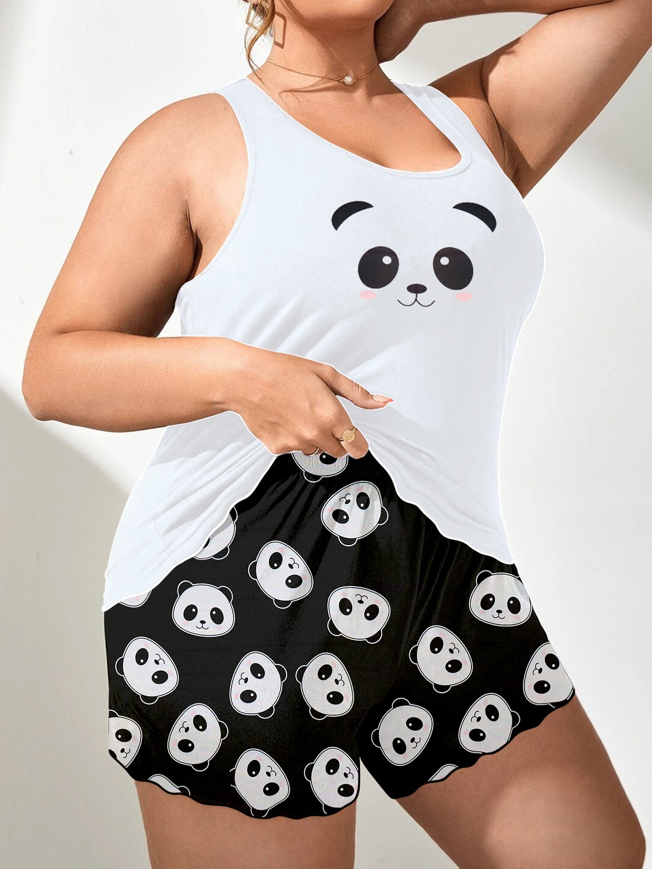 Women's Casual Pajama Set, Plus Size Adorable Cartoon Panda Print Tank Top & Shorts Lounge 2 Piece Set