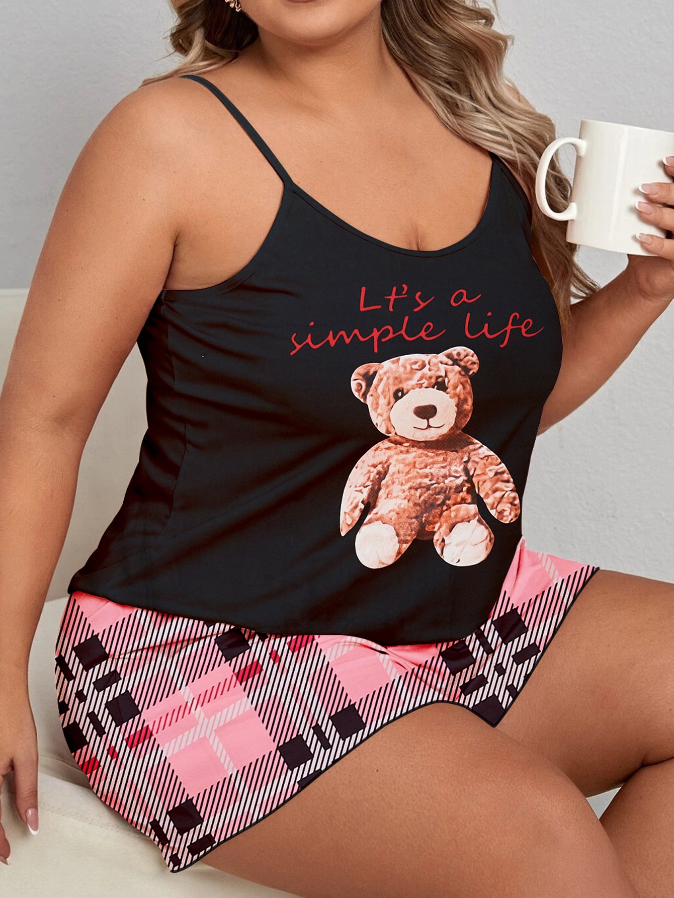 Women's Plus Size Cute Pajama Set: Teddy Bear & Slogan Print Cami Top with Plaid Shorts