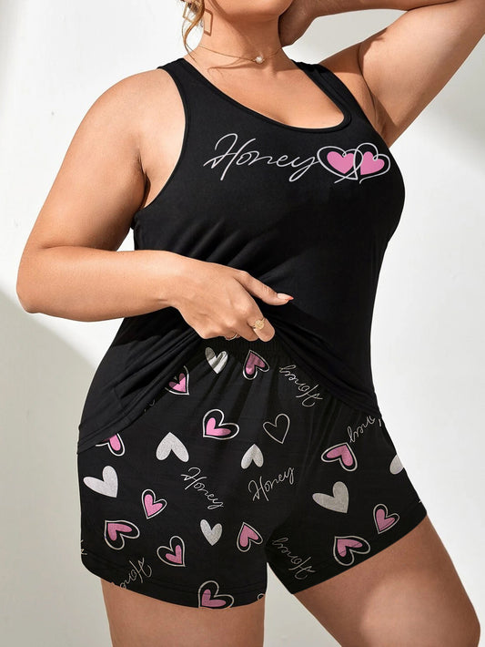 Women's Valentine's Gifts Pajama Set: Plus Size Heart & Letter Print Round Neck Tank Top with Shorts Loungewear Two-Piece Set