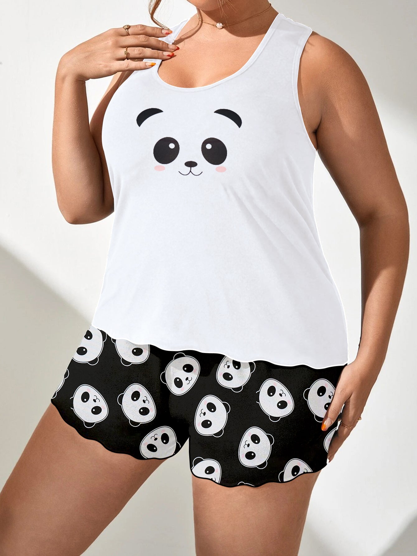 Women's Casual Pajama Set, Plus Size Adorable Cartoon Panda Print Tank Top & Shorts Lounge 2 Piece Set