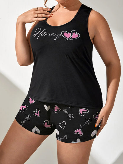 Women's Valentine's Gifts Pajama Set: Plus Size Heart & Letter Print Round Neck Tank Top with Shorts Loungewear Two-Piece Set