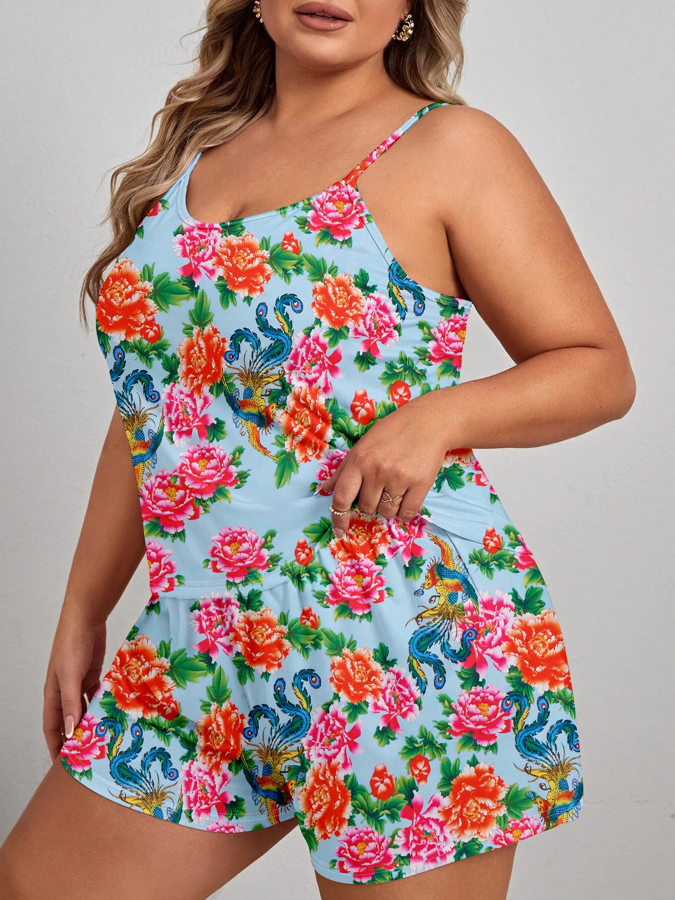 Women's Plus Size Chinese Traditional Floral Print Pajama Set with Round Neck Cami Top & Shorts