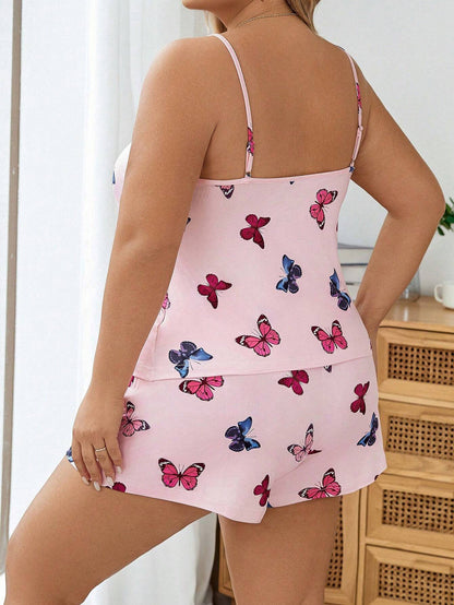 Women's Plus Size Butterfly Print Round Neck Cami Top & Shorts Lounge 2-Piece Pajama Set