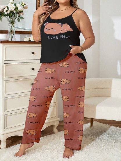 Plus Size Women's Adorable Pajama Set with Cartoon Bear Print, Round Neck Cami Top & Pants Lounge 2 Piece Set