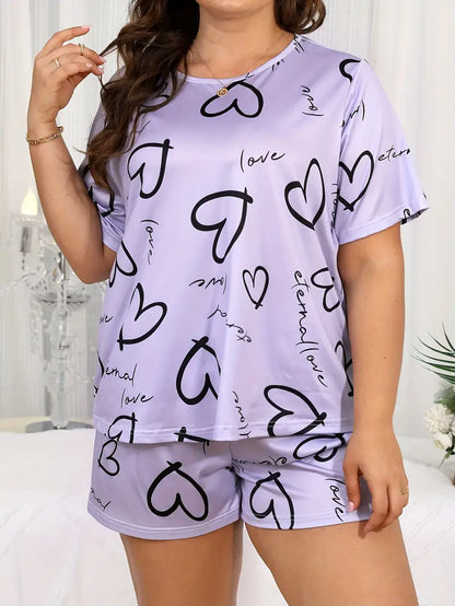 Plus Size Women's Valentine's Day Casual Pajama Set with Heart & Letter Print, Short Sleeve Round Neck Top & Shorts Sleepwear Two-Piece Set