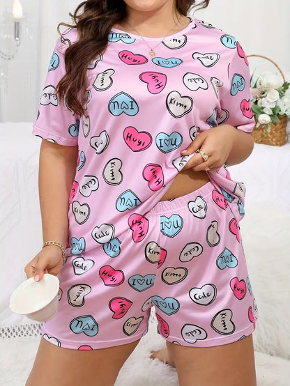 Valentine's Day Plus Size Pajama Set: Heart Print Short Sleeve Top & Shorts Lounge Ensemble