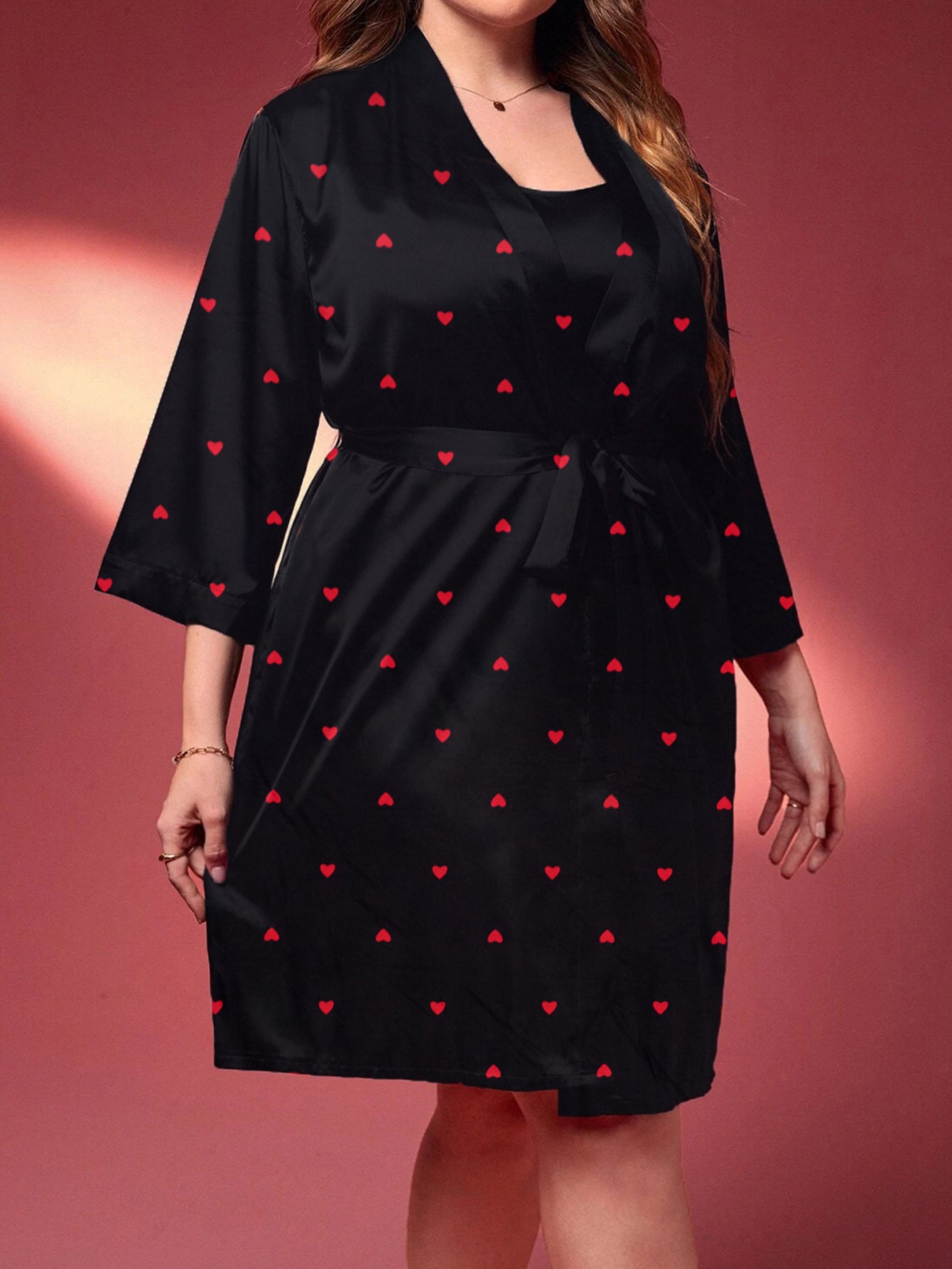 Women's Elegant Lounge Set, featuring a Plus Size Heart Print Round Neck Slip Dress & an Open Front Belted Robe, creating a stylish Sleepwear 2 Piece Ensemble