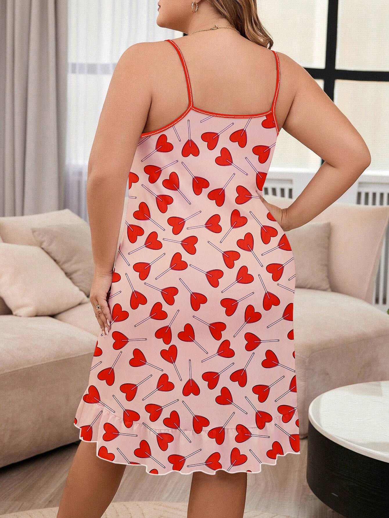 Women's Valentine's Day Adorable Nightdress, Plus Size Heart Lollipop Print Round Neck Cami Sleep Dress