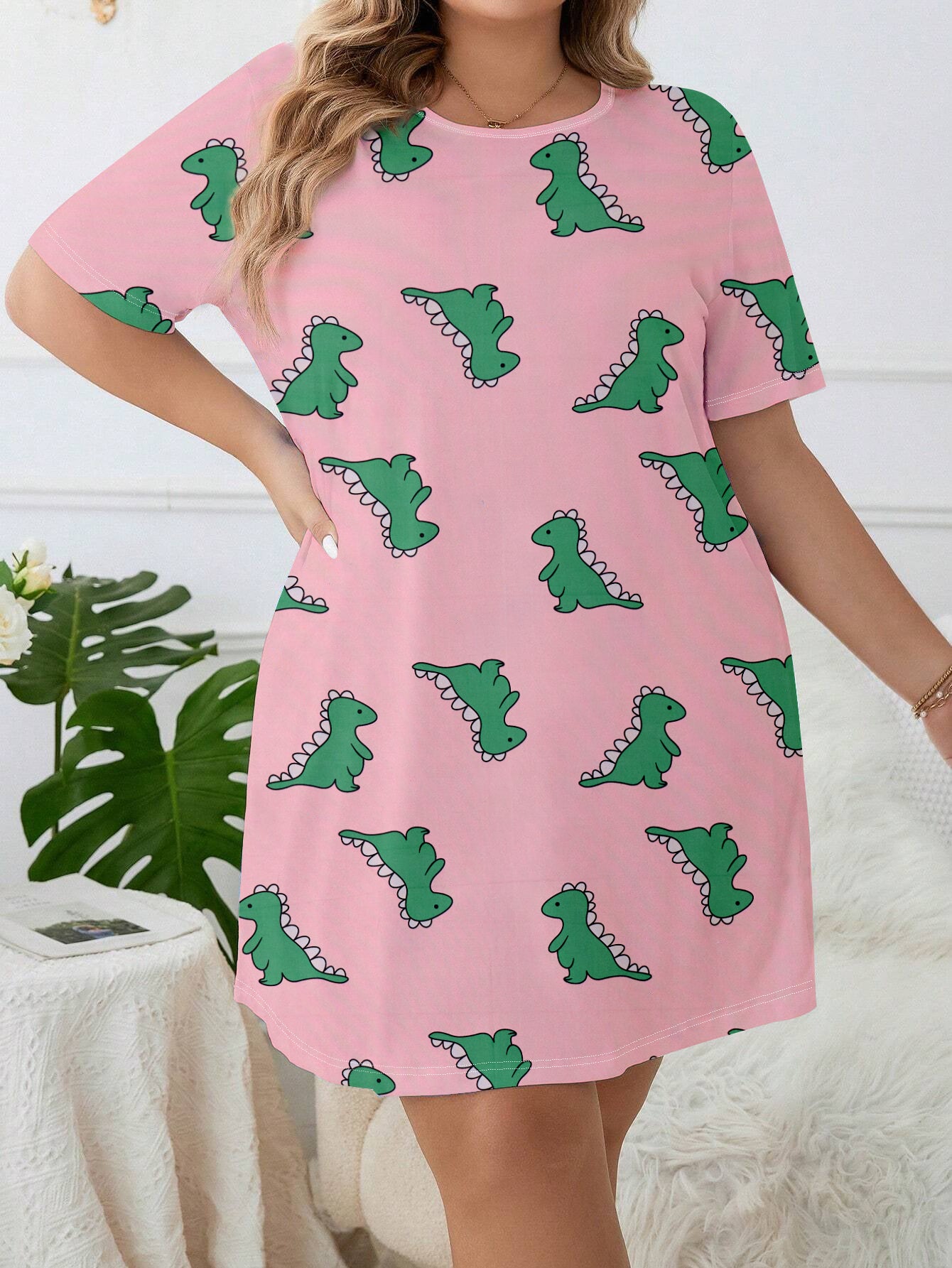 Women's Easter Day Cute Nightdress: Plus Size Cartoon Dinosaur Print Short Sleeve Round Neck Sleep Dress