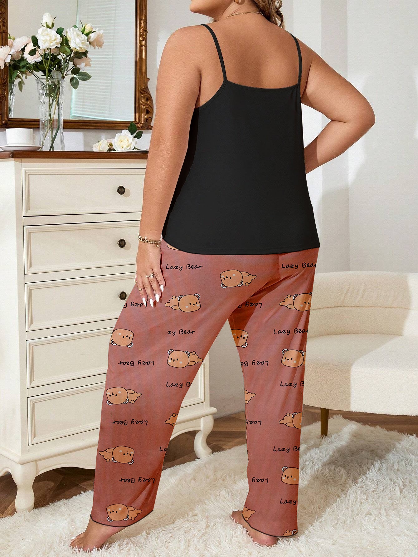 Plus Size Women's Adorable Pajama Set with Cartoon Bear Print, Round Neck Cami Top & Pants Lounge 2 Piece Set