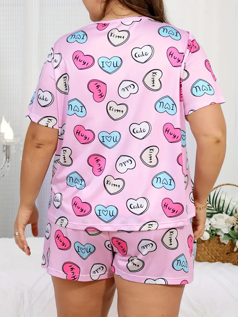 Valentine's Day Plus Size Pajama Set: Heart Print Short Sleeve Top & Shorts Lounge Ensemble